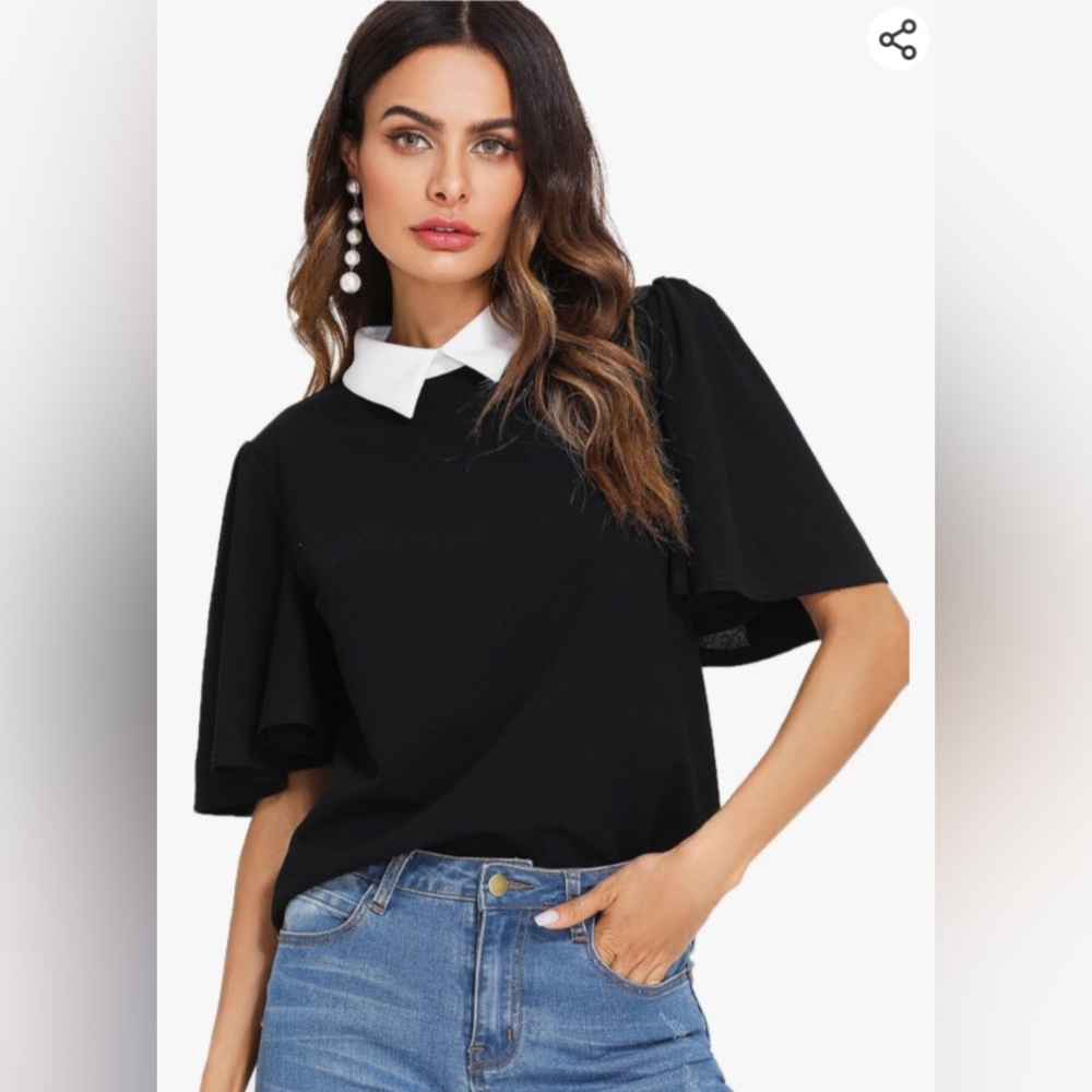 Business casual collared short sleeved blouse with keyhole button back.